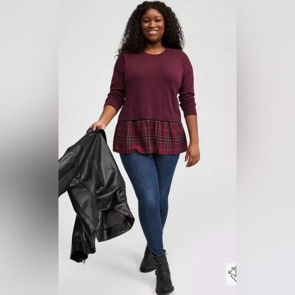 Torrid preppy cozy chic plus size burgundy sweater with plaid ruffle hem NWT 4X - Picture 2 of 10